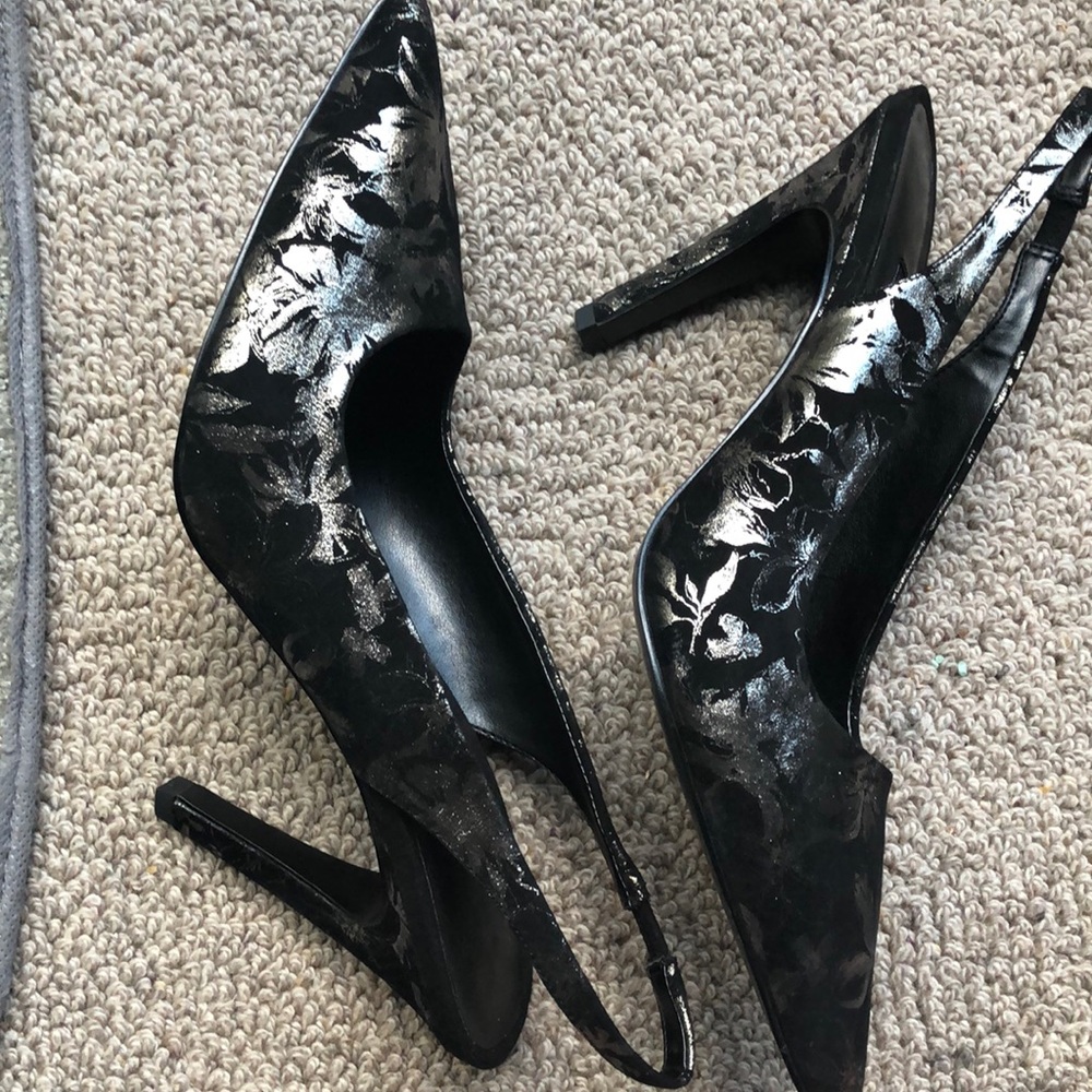 Nine West gold on black suede slingback pumps